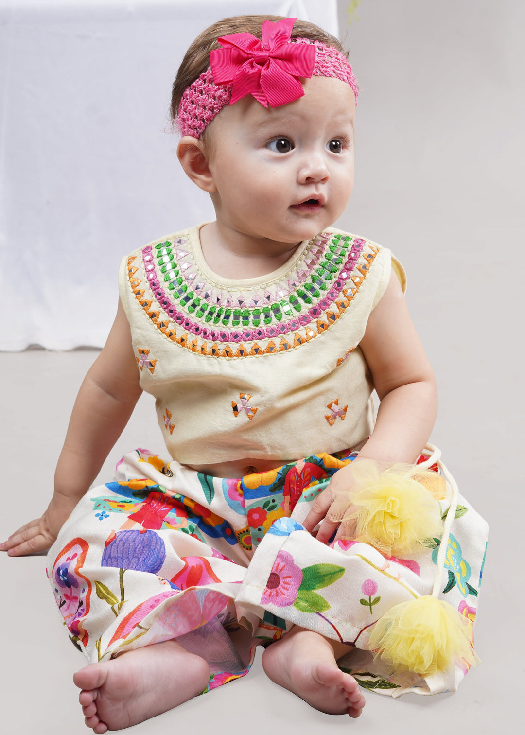 Creme Cotton Silk Multithread Embroidered Work Top With Palazzo Set