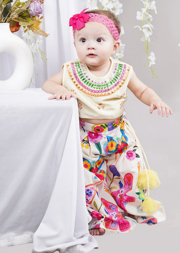 Creme Cotton Silk Multithread Embroidered Work Top With Palazzo Set