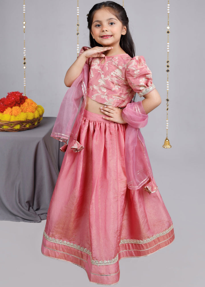 Dusty Pink Traditional Brocade tissue lehenga with dupatta Set