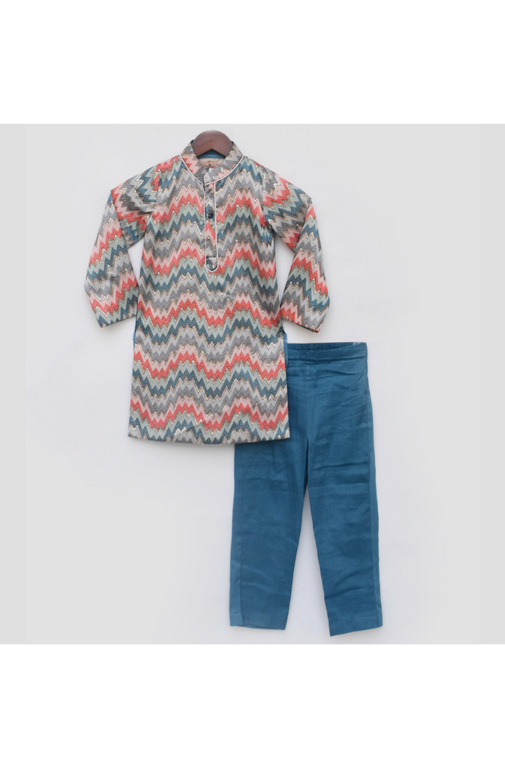 Blue Zig Zag Printed Dupion Kurta With Pant Set