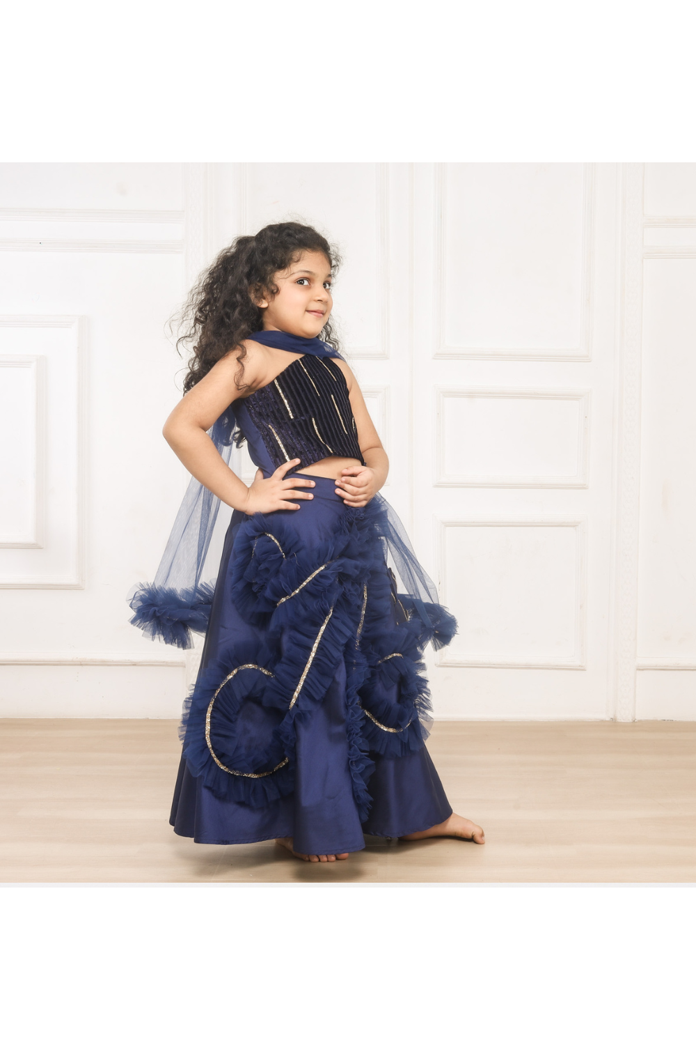Blue With Golden Lace Detailing Velvet One Shoulder Top With Frill Lehenga Set