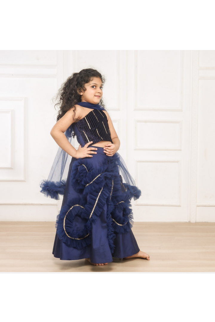 Blue With Golden Lace Detailing Velvet One Shoulder Top With Frill Lehenga Set