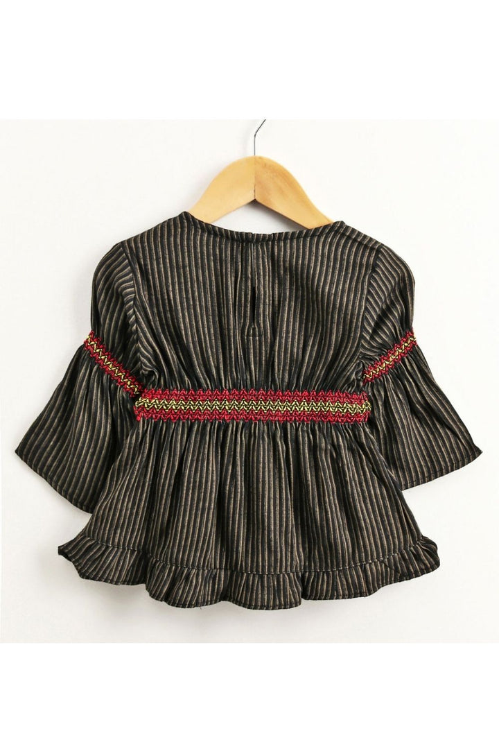 Black Rayon Stripe Peplum Top & Orange Foil Printed Dhoti Pant Set
