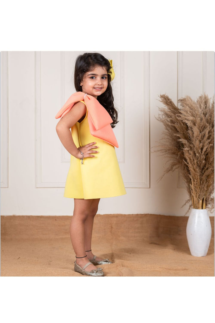 Peach Yellow One Shoulder Bow Dress