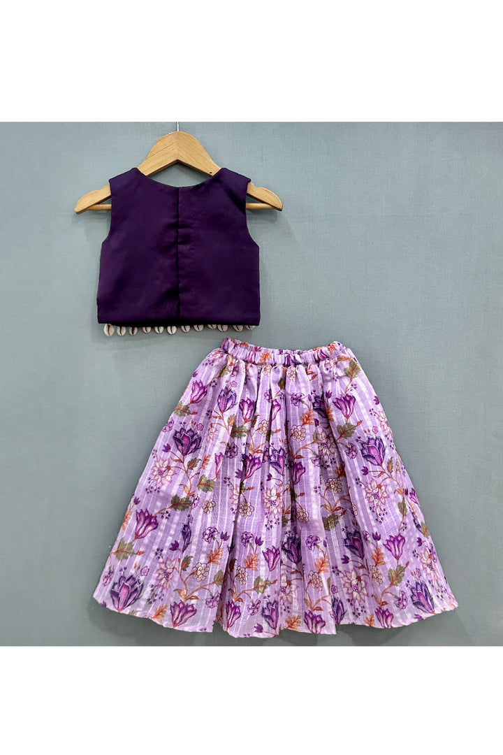 Purple Handmade Mirror Detailing Top With Floral Printed Lehenga Set