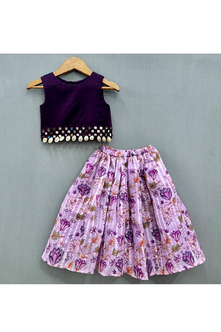 Purple Handmade Mirror Detailing Top With Floral Printed Lehenga Set