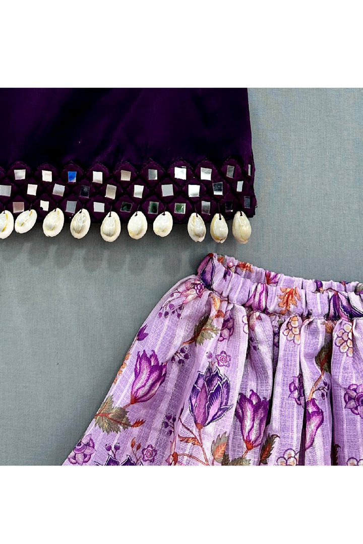 Purple Handmade Mirror Detailing Top With Floral Printed Lehenga Set