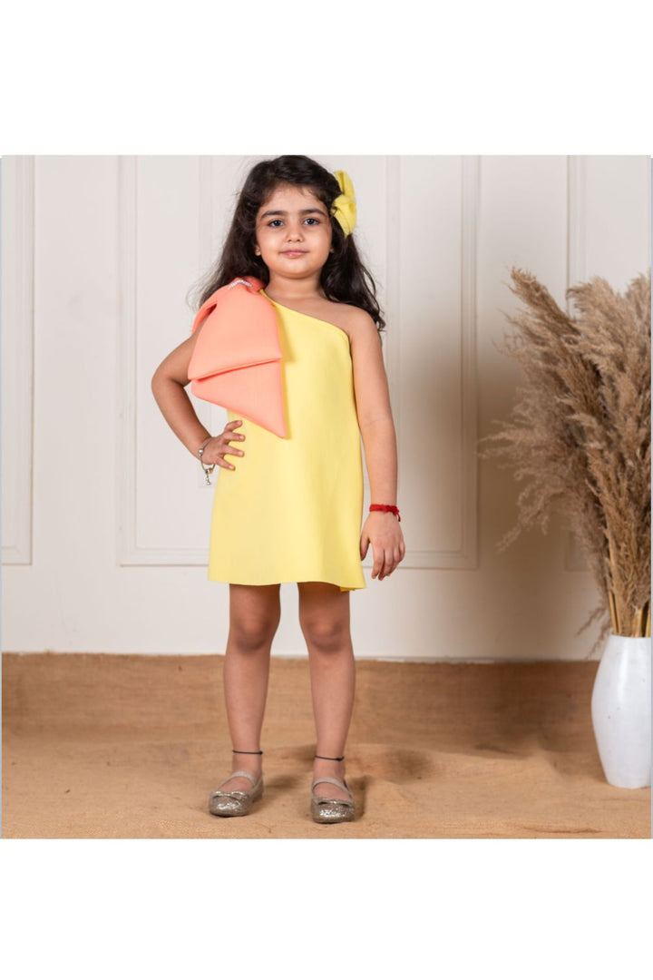 Peach Yellow One Shoulder Bow Dress