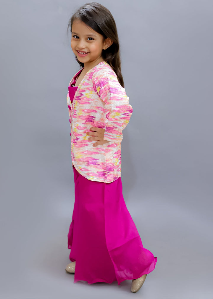 Wine Shibori Printed Crepe Crop Top Palazzo With Silk Jacket Set