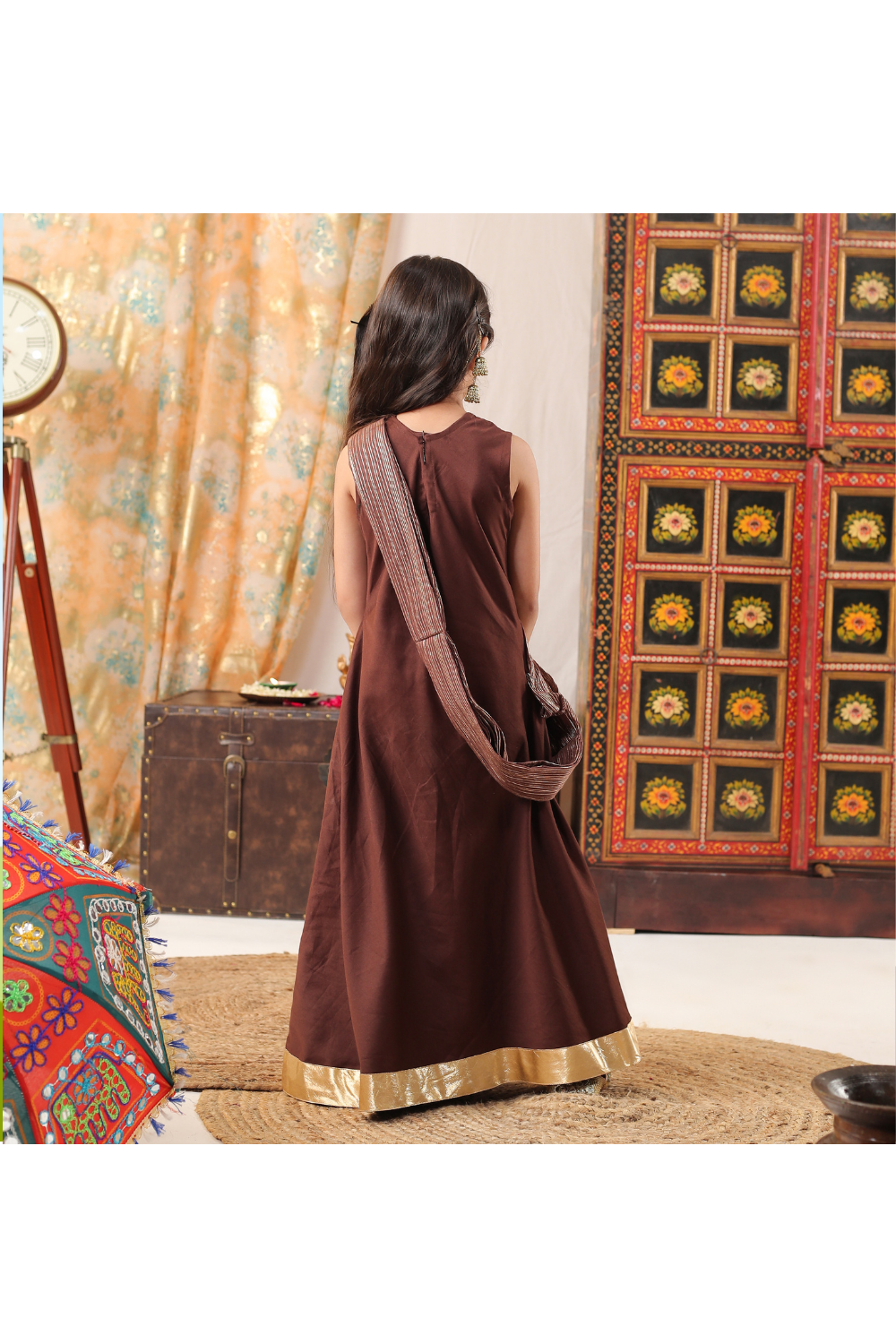 Brown Faux Mirror Embellished Neckline Full-Length Dress With Attached Dupatta