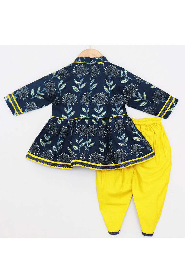 Blue Floral Printed Peplum Style Cotton Top With Dhoti Set