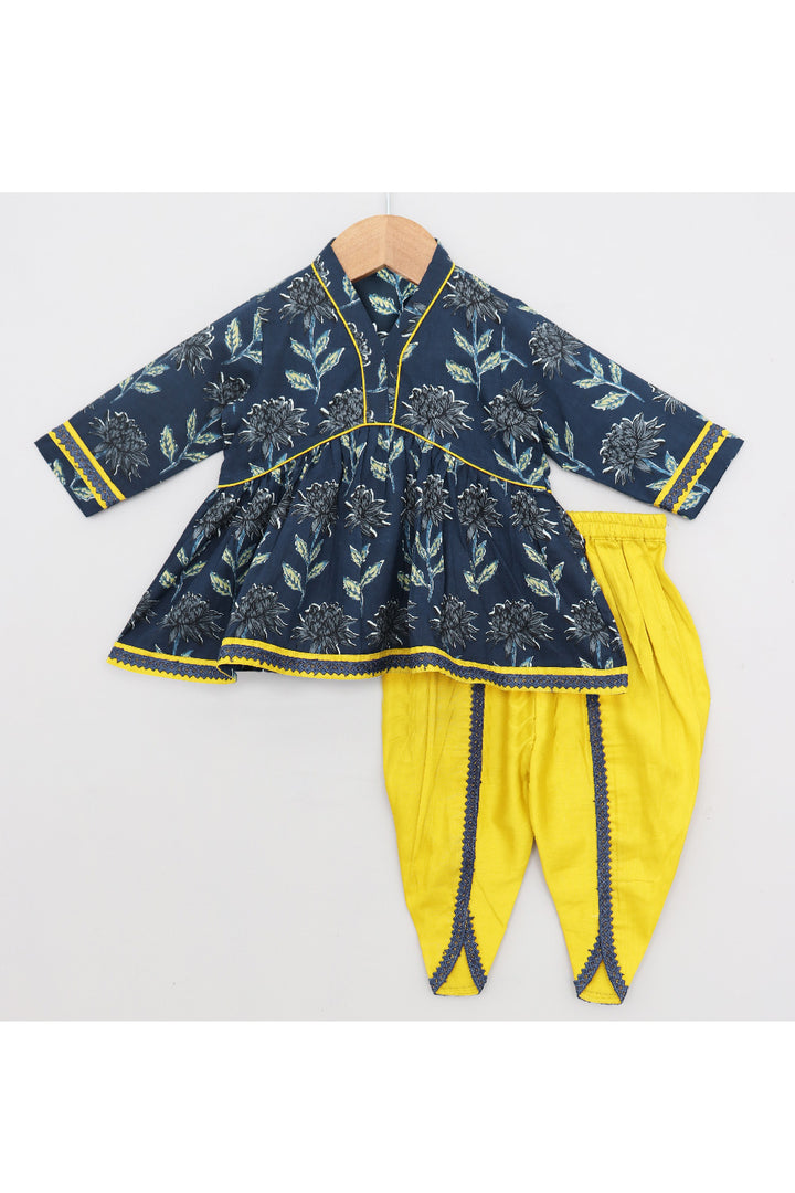 Blue Floral Printed Peplum Style Cotton Top With Dhoti Set