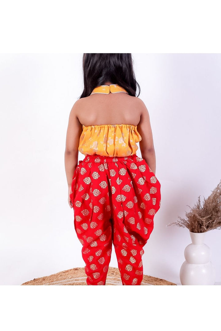 Yellow Brocade Halter Neck Top & Red Foil Printed Dhoti Pant Set