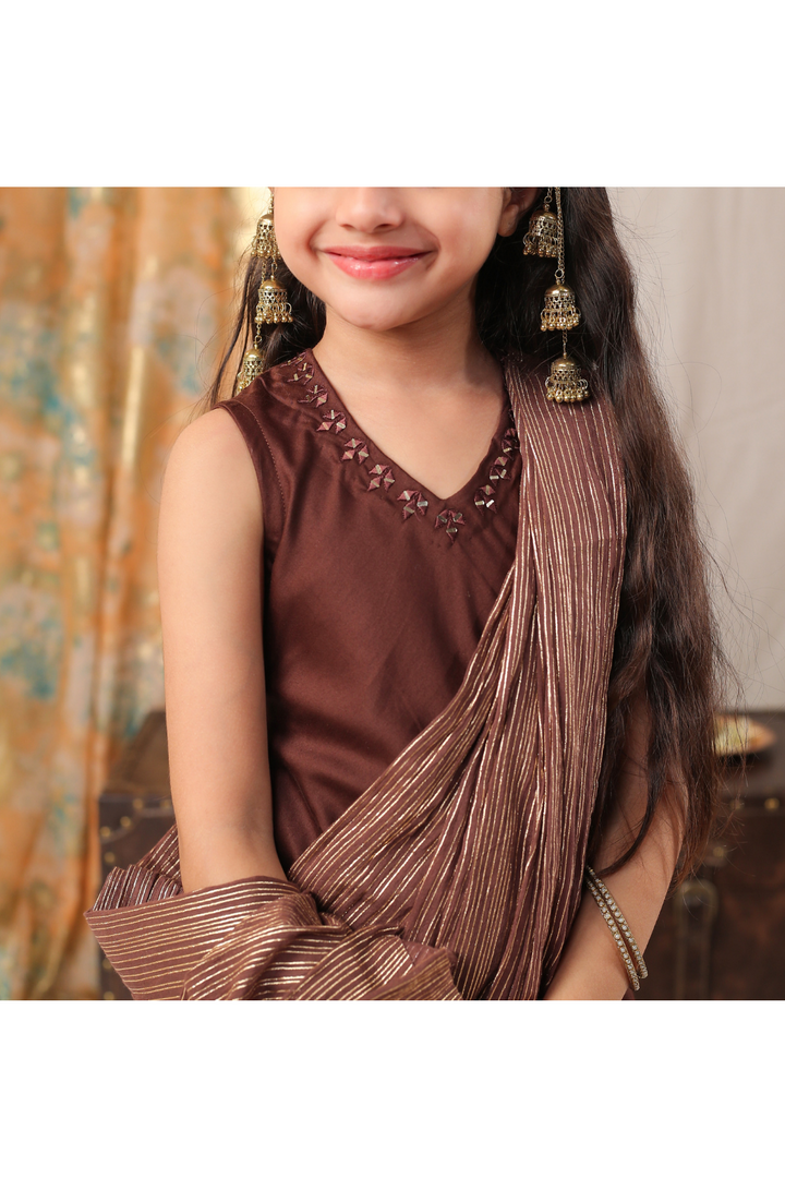 Brown Faux Mirror Embellished Neckline Full-Length Dress With Attached Dupatta