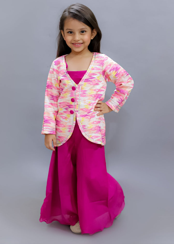 Wine Shibori Printed Crepe Crop Top Palazzo With Silk Jacket Set