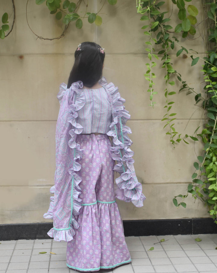 Lilac Cotton Printed Top Sharara With Dupatta Set