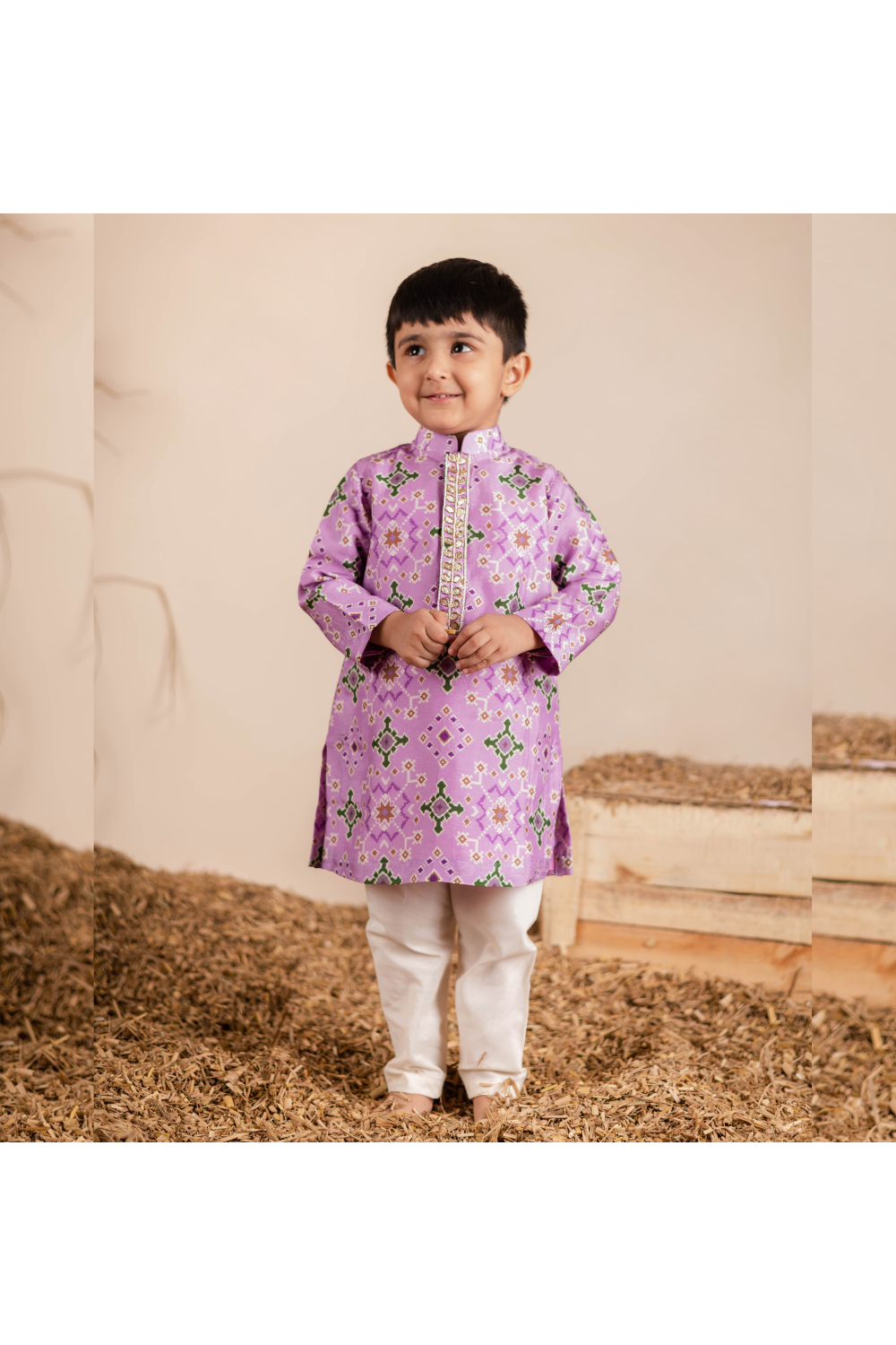 Ikkat Printed Silk Kurta With Churidar Set