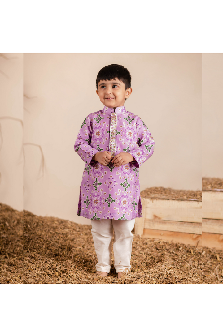 Ikkat Printed Silk Kurta With Churidar Set