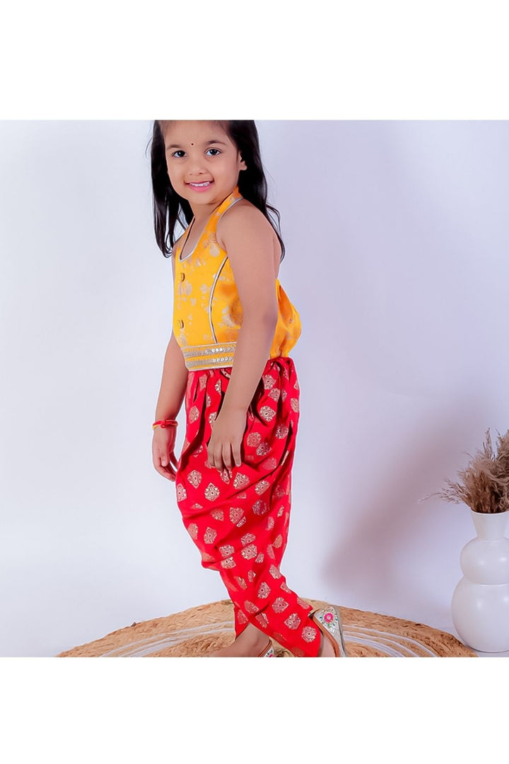 Yellow Brocade Halter Neck Top & Red Foil Printed Dhoti Pant Set