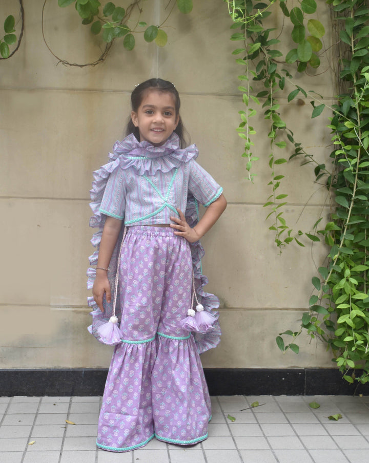 Lilac Cotton Printed Top Sharara With Dupatta Set