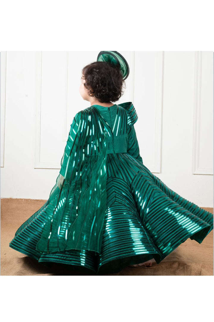 Green Silk Organza Mettalic Lace Gown With Hair Accessory