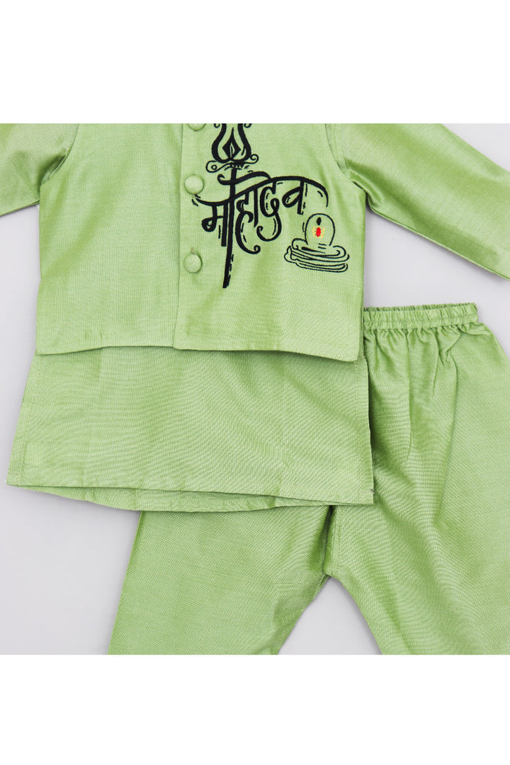 Mint Green Cotton Silk Kurta With Mahadev Embroidered Jacket Set