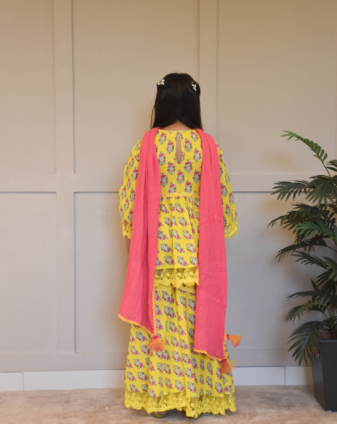 Yellow Printed Cotton Kurti Sharara With Dupatta Set