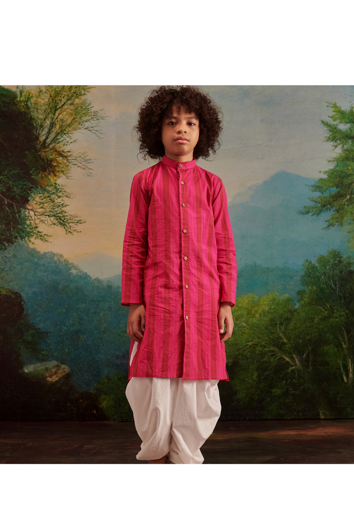 Hot Pink Cotton Strips Printed Kurta With Dhoti Set