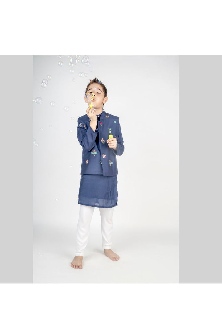 Navy Blue Cotton Kurta With Hand Embroidered Muslin Jacket Set