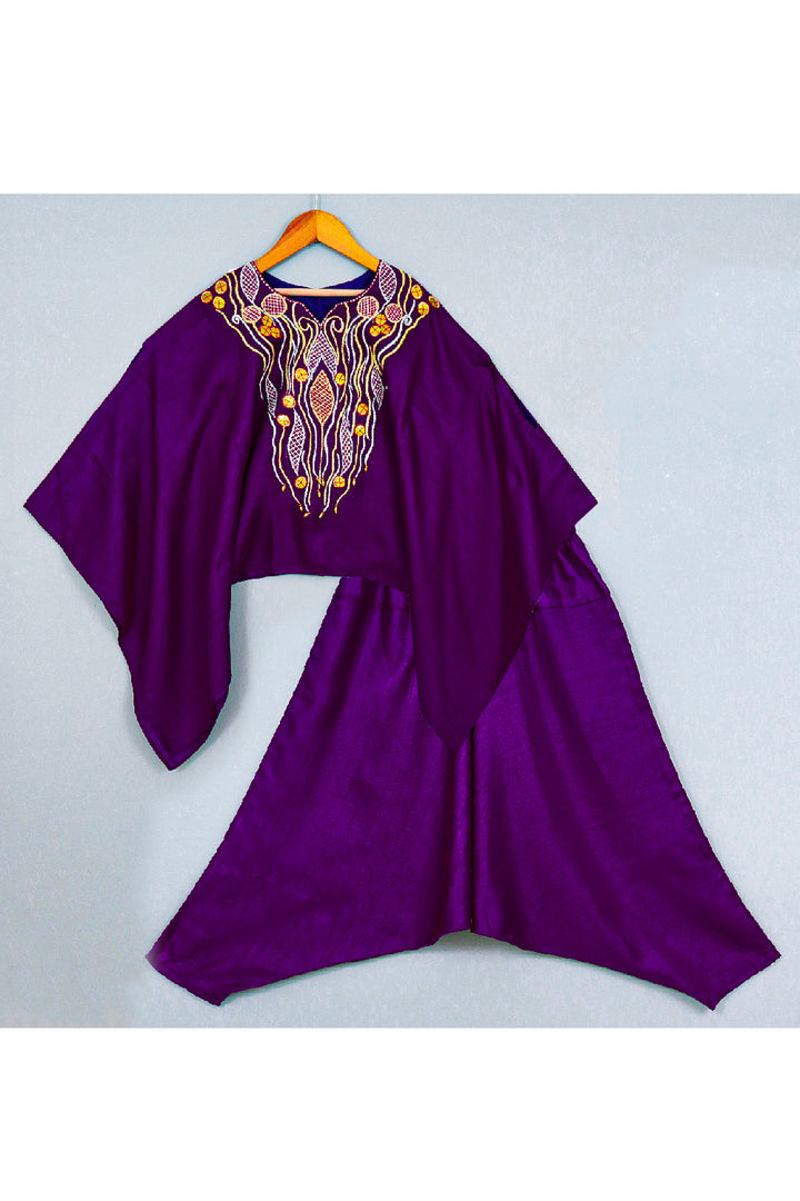 Purple Embroidered Kaftan Style Silk Top With Cowl Pant