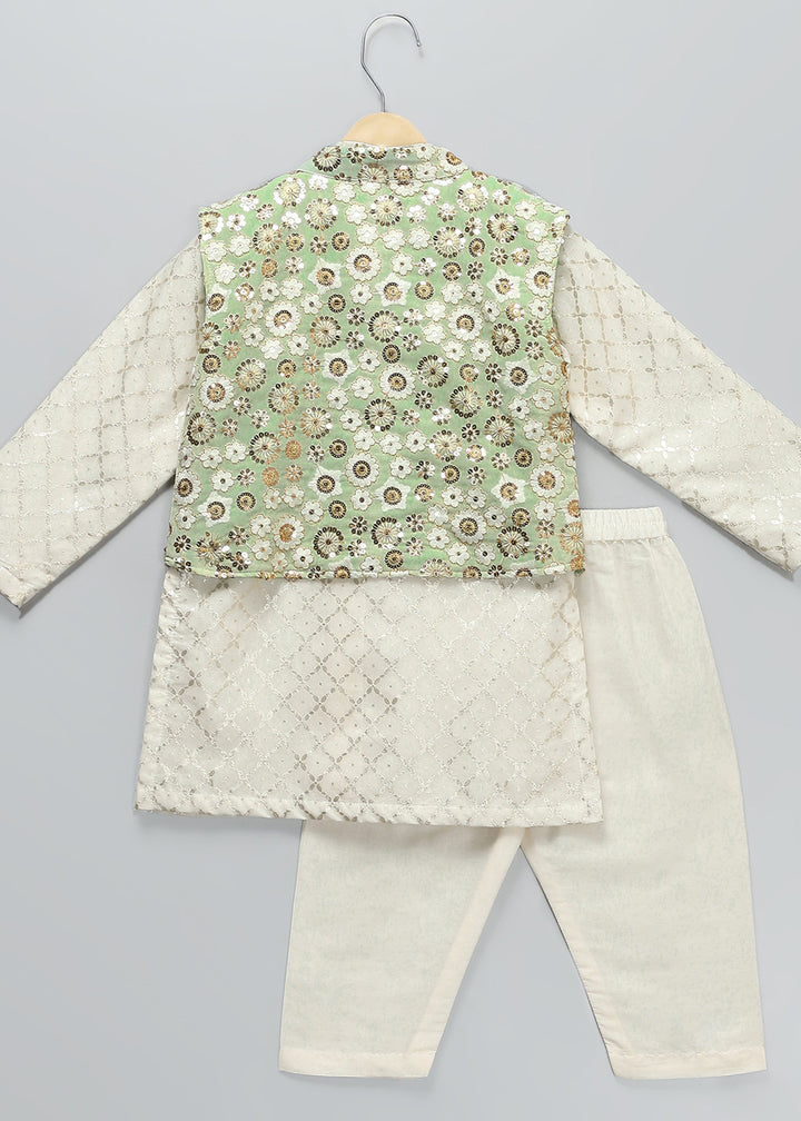 Green Sequins Embroidery Nehru Jacket And Kurta With Pyjama Set