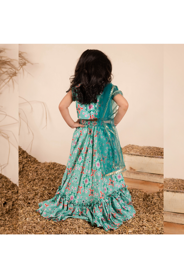 Green Ikkat Printed And Stones Embellished Top With Lehenga Set