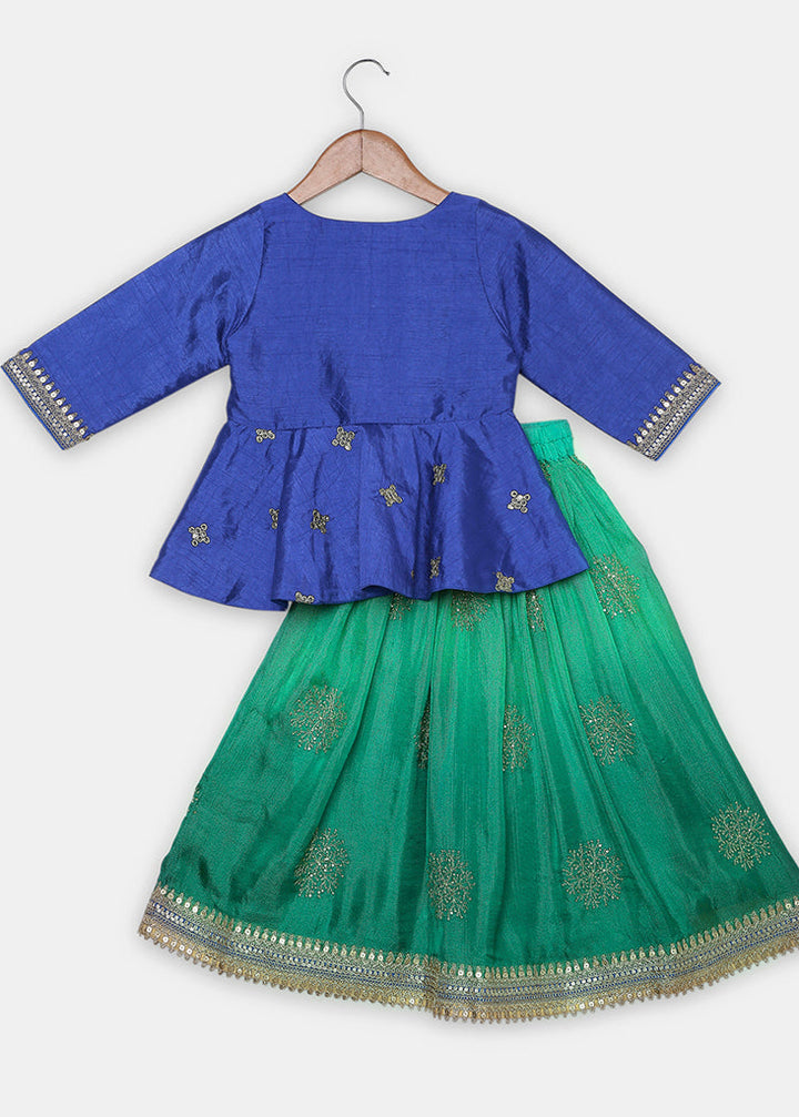 Gold Zari And Sequence Work Peplum Top With Shaded Ghagra Set