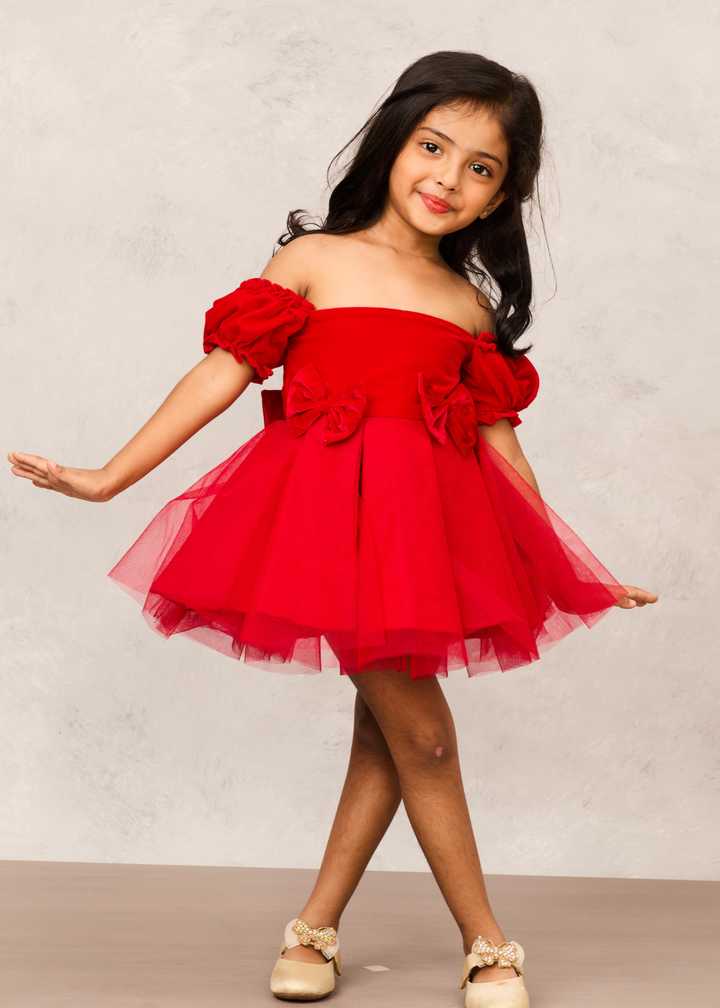 Red Velvet Embellished Off Shoulder Puffy Sleeves Dress