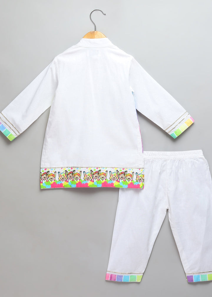 Off White Happy Holi Printed Kurta With Pyjama Set