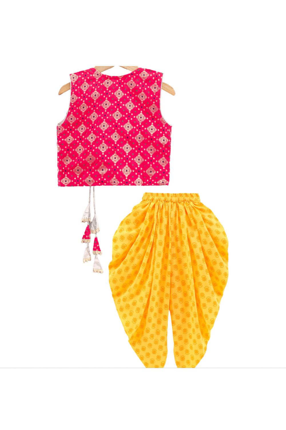 Red Self Design Top & Yellow Printed Dhoti Pant Set