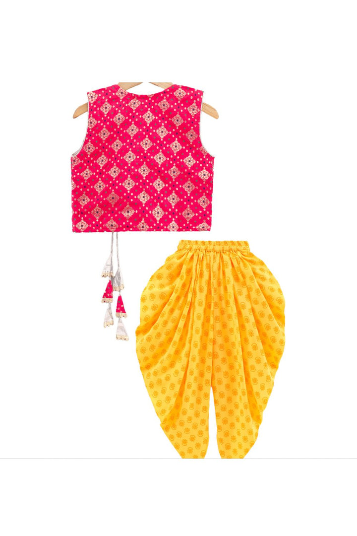 Red Self Design Top & Yellow Printed Dhoti Pant Set