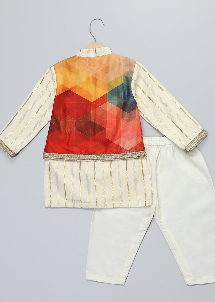 Off White Kurta With Multicolor Attached Jacket and Pyjama Set