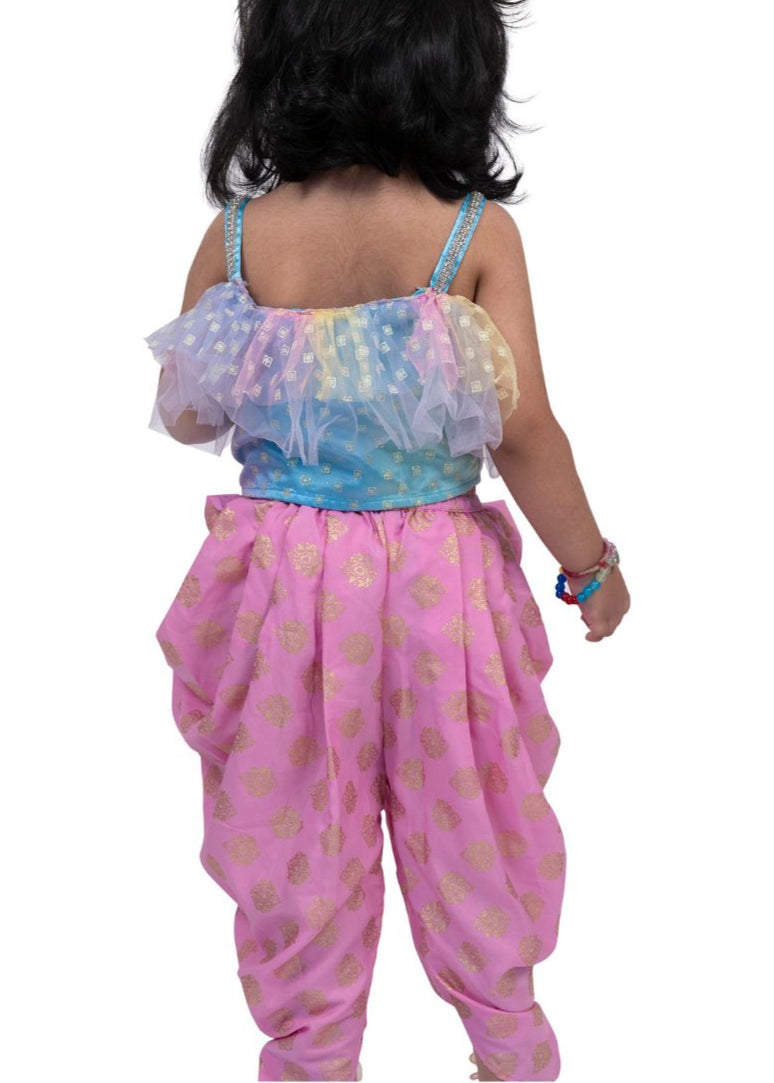 Powder Blue Pink Printed Frilled Sleeveless Top with Dhoti Set