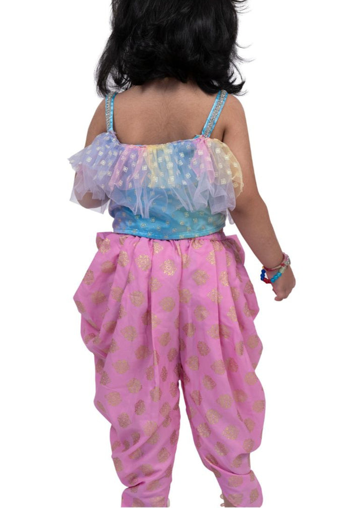 Powder Blue Pink Printed Frilled Sleeveless Top with Dhoti Set