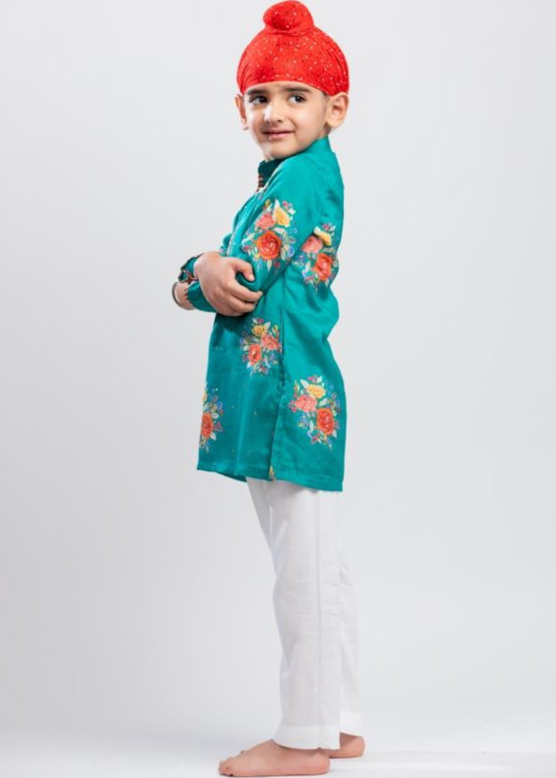 Green Big Floral Printed Kurta With White Pyjama Set