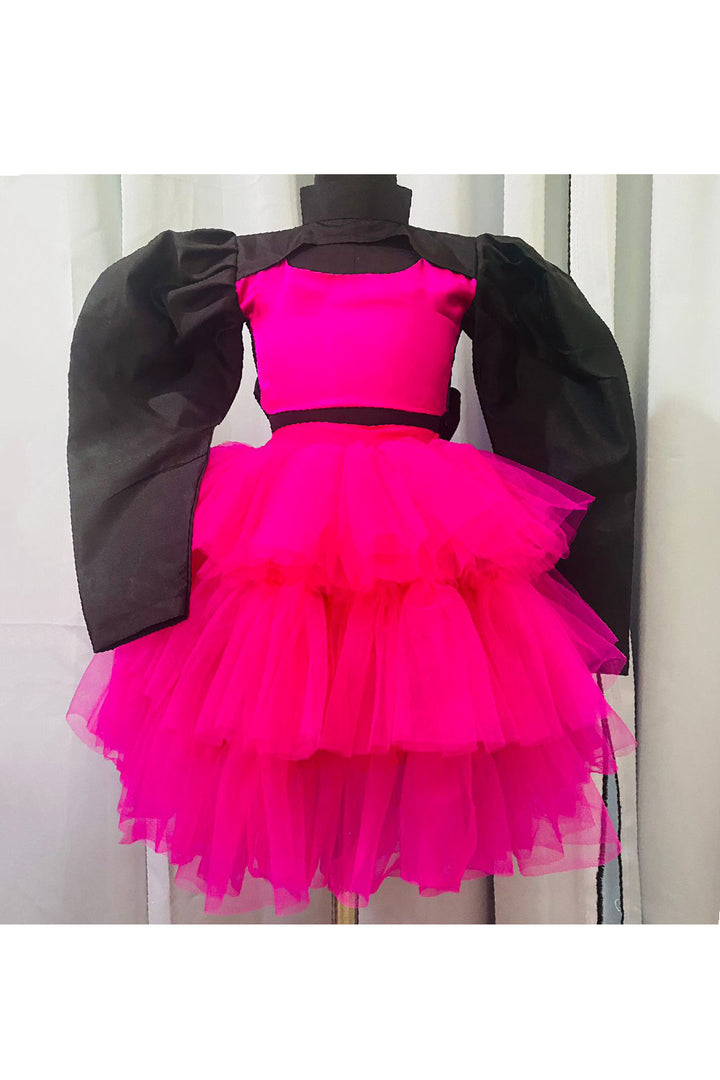 Pink And Black Puff Sleeves Satin Top With Frill Skirt Set