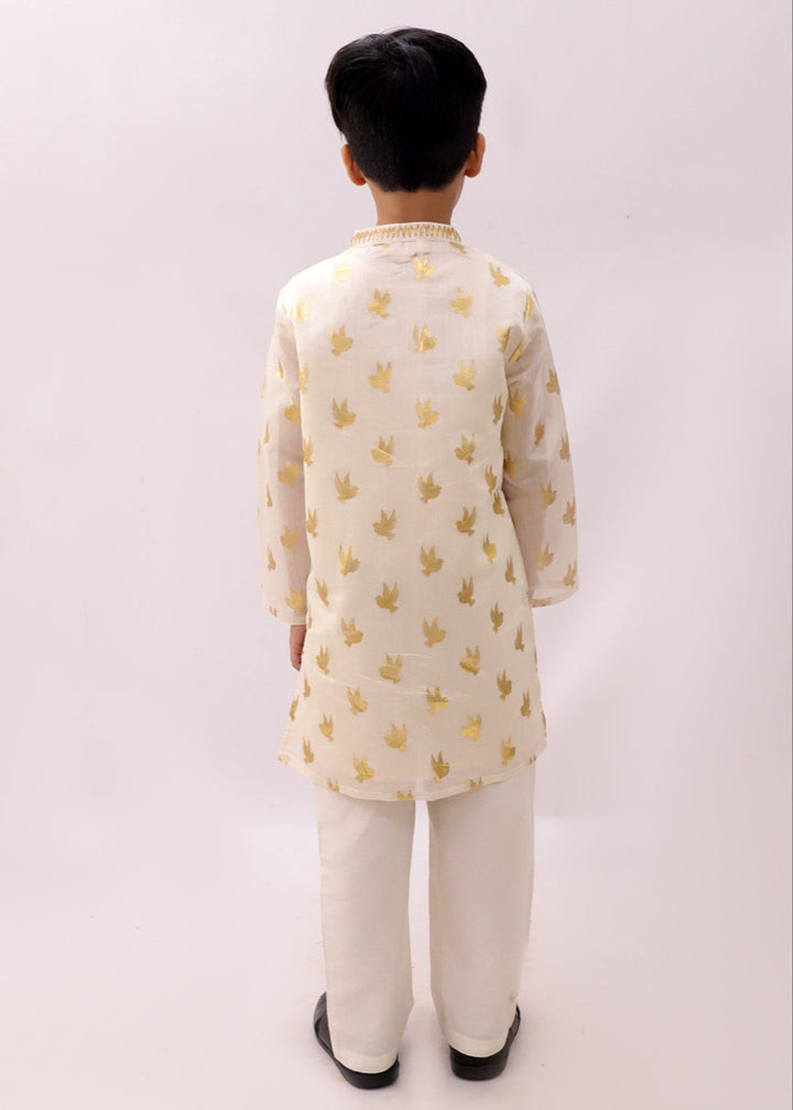 Mishti Off White Bird Printed Chanderi Kurta With Pyjama Set