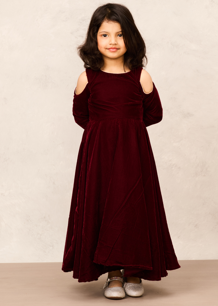 Chic Maroon Goregeous Velvet Full Sleeves Gown