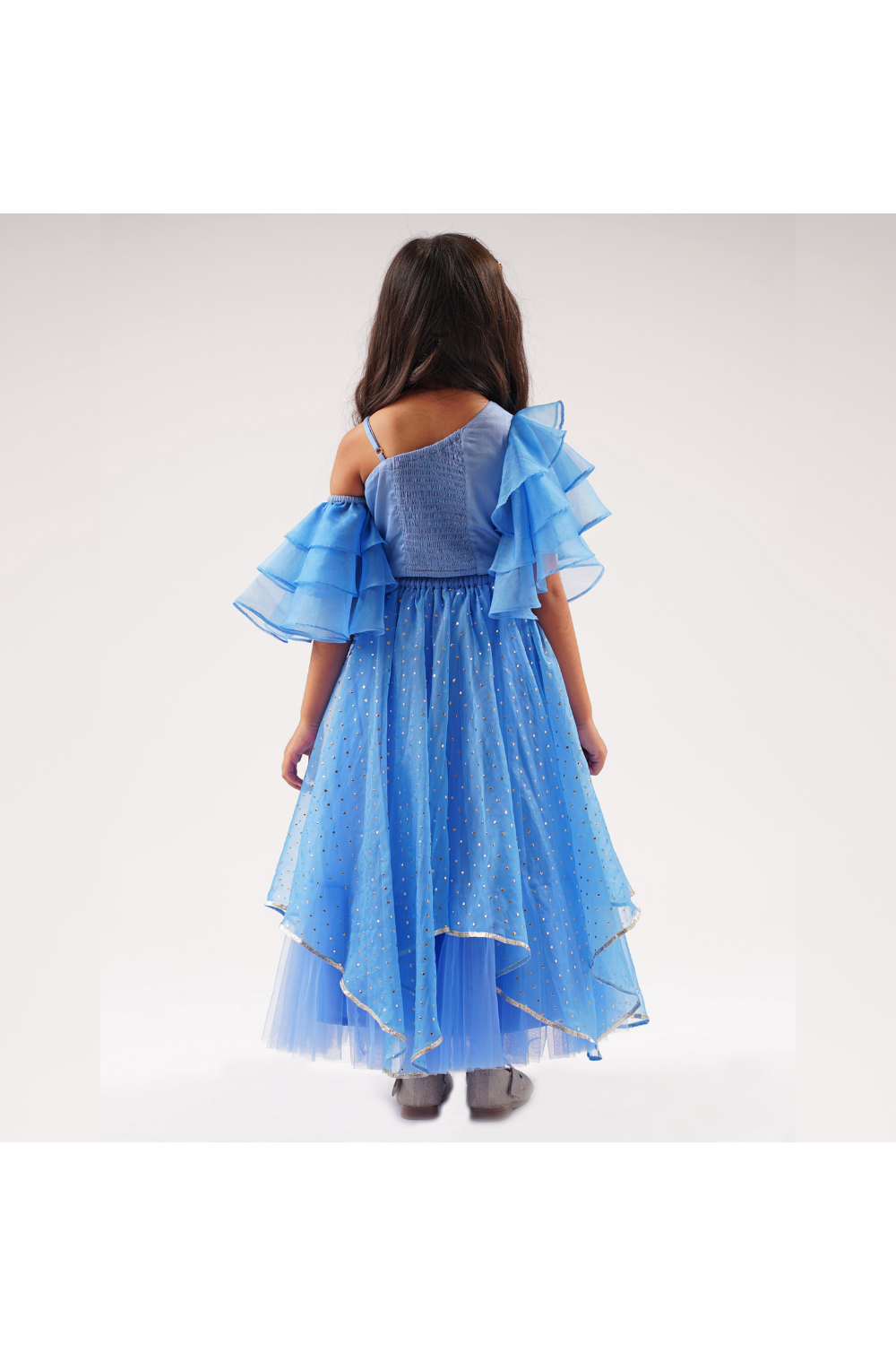 Blue Gota Lace Embroidered One Shoulder Top With Lehenga Set