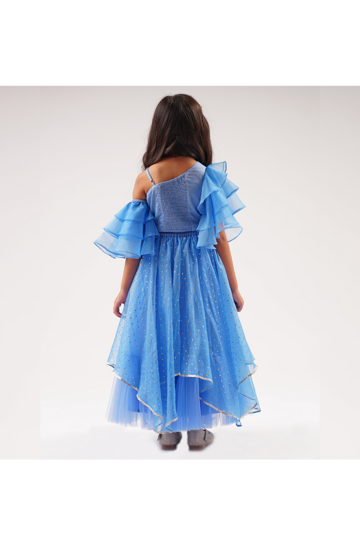 Blue Gota Lace Embroidered One Shoulder Top With Lehenga Set