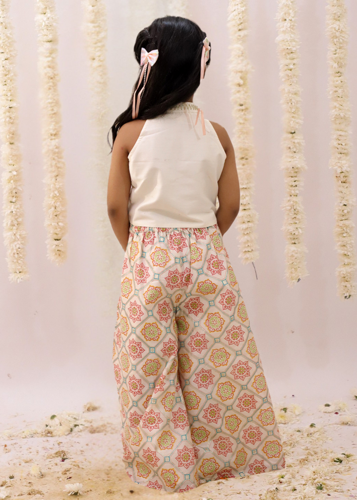 Mishti Off White Geometric Printed Top With Palazzo Set