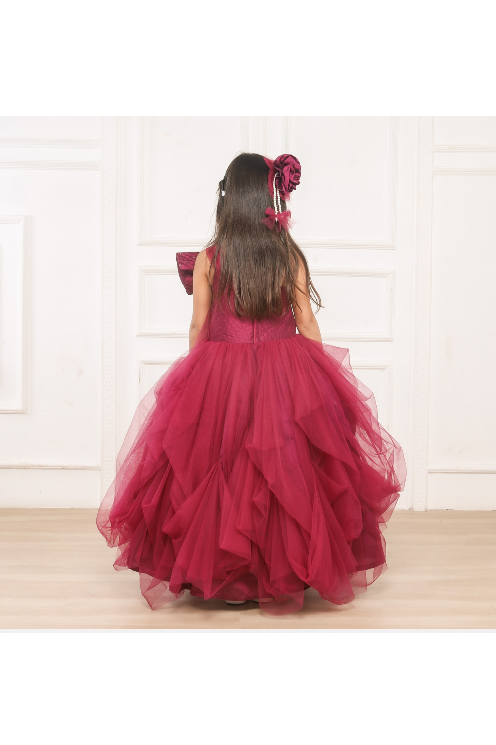 Maroon Big Bow And Flower Embroidered Net One Shoulder Gown