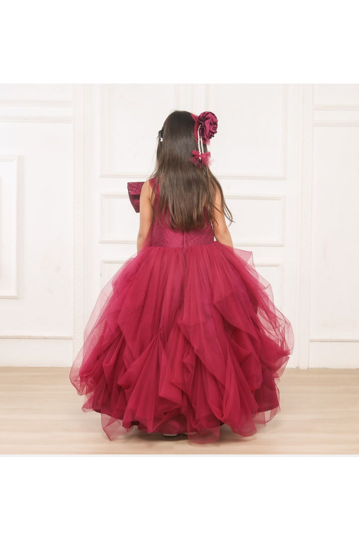 Maroon Big Bow And Flower Embroidered Net One Shoulder Gown