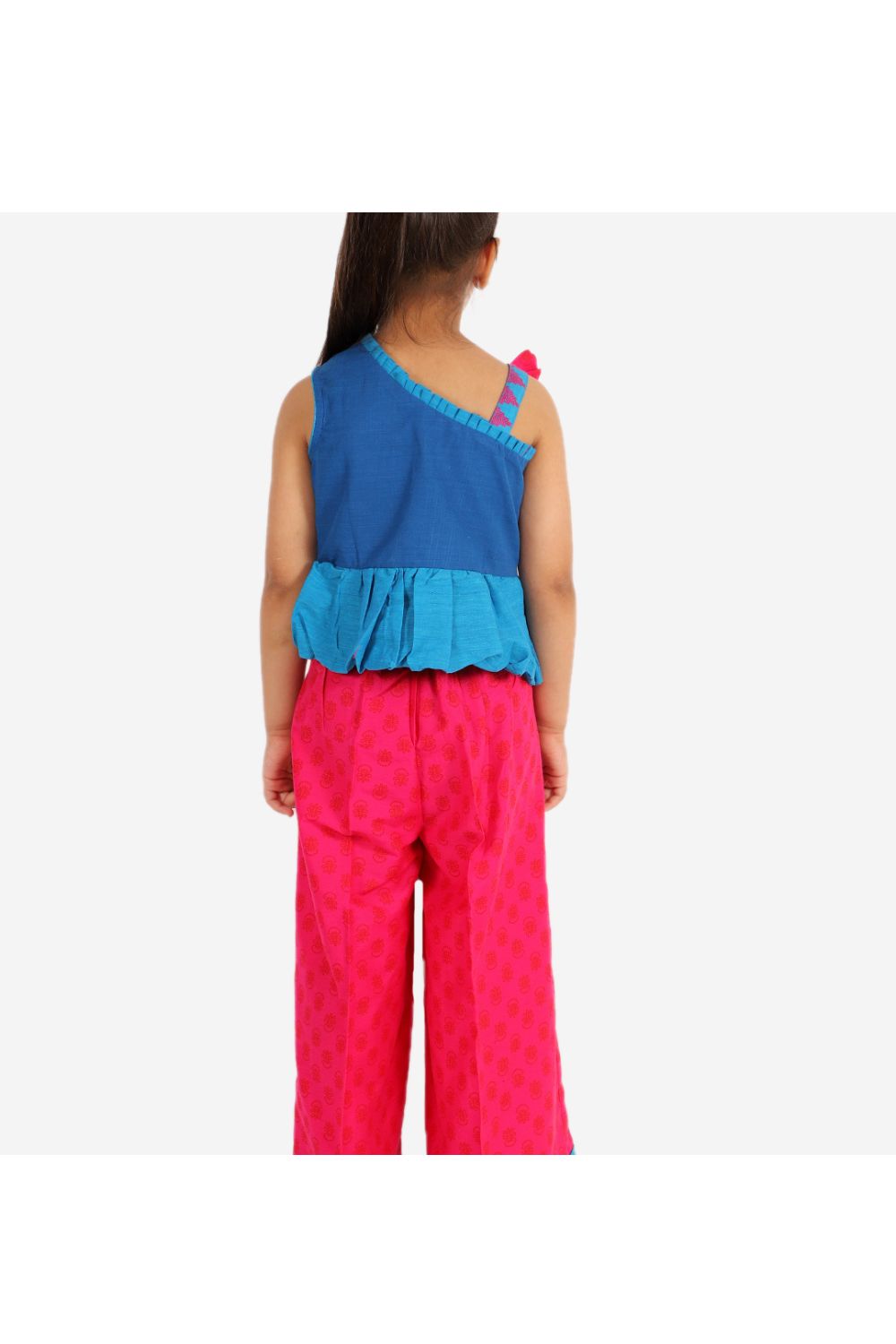 Blue & Pink Embroidered One Shoulder Top & Palazzo Set
